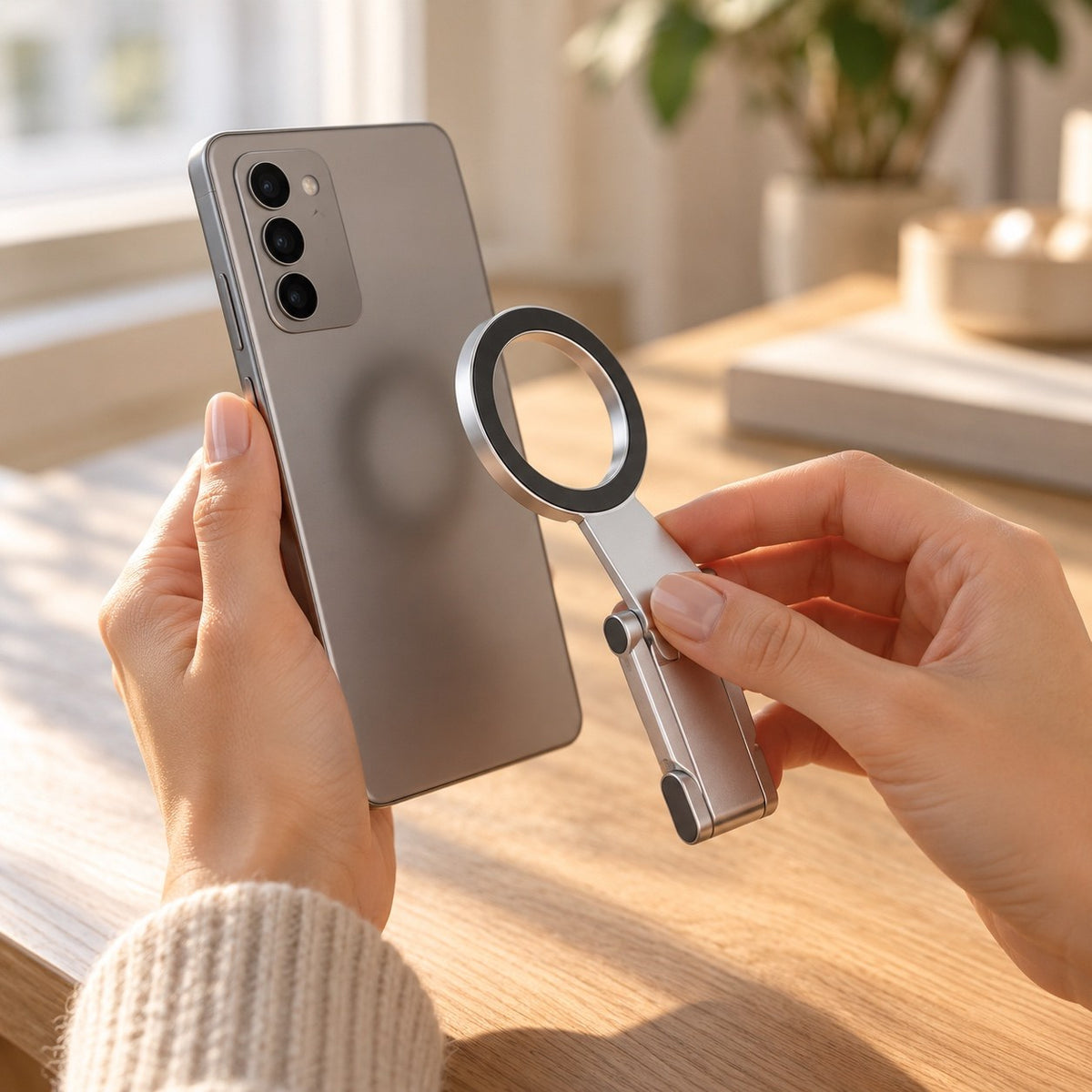 The Silver Pose being brought to the back of a phone, ring aligned with the magnet