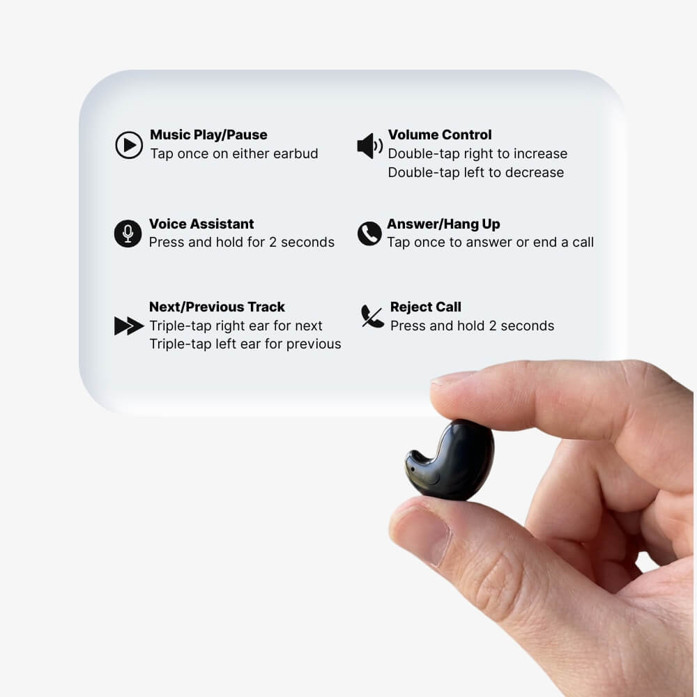 Digital graphic with a hand holding a glossy black earbud next to a white instruction bubble detailing its touch controls for music playback, call management, and voice assistant functions on a clean white background
