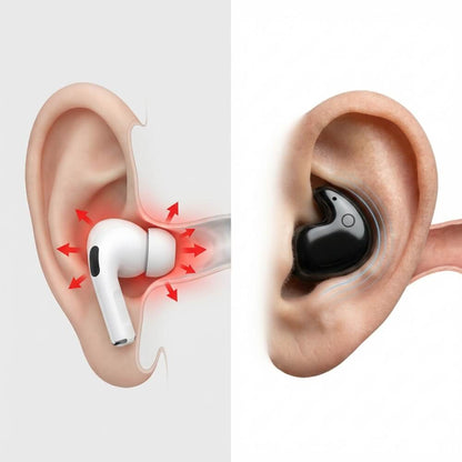 Digital graphic illustrating earbud fit showing a white earbud resembling AirPods Pro with red arrows indicating outward pressure on the left, and a black contoured earbud with blue sound waves depicting secure in-ear fit on the right