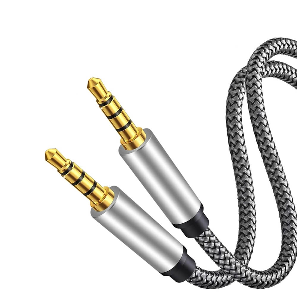 Two gold-plated 3.5mm TRRS male audio jacks with silver metallic housings connected by a braided gray and black auxiliary cable on a white background