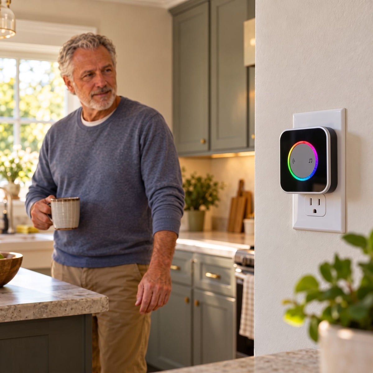 Man in his 60s in his kitchen as the Glow chime lights up on the wall
