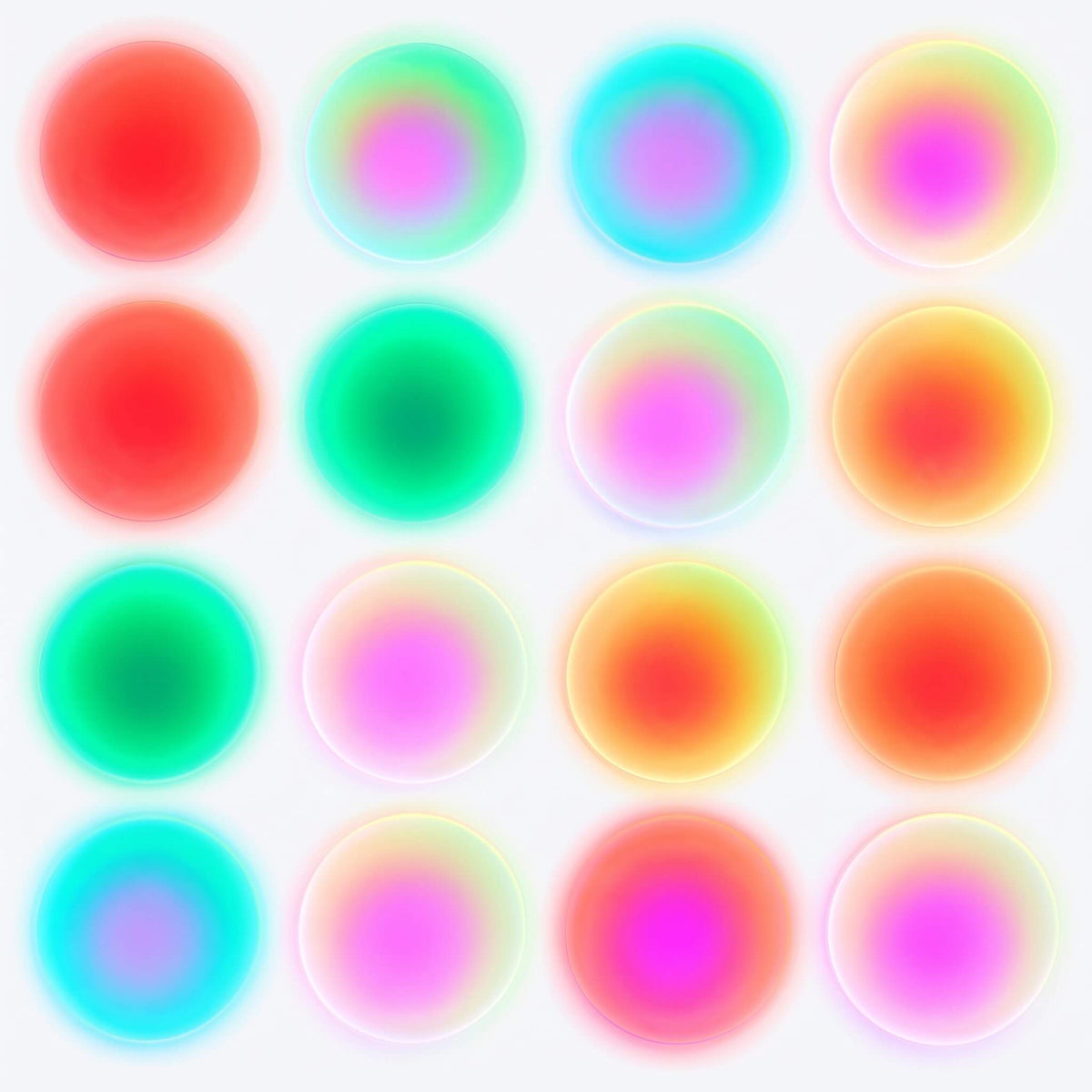 A 4x4 grid of glowing circular gradient orbs in neon colors including red, cyan, green, pink, yellow, and orange on a white background.
