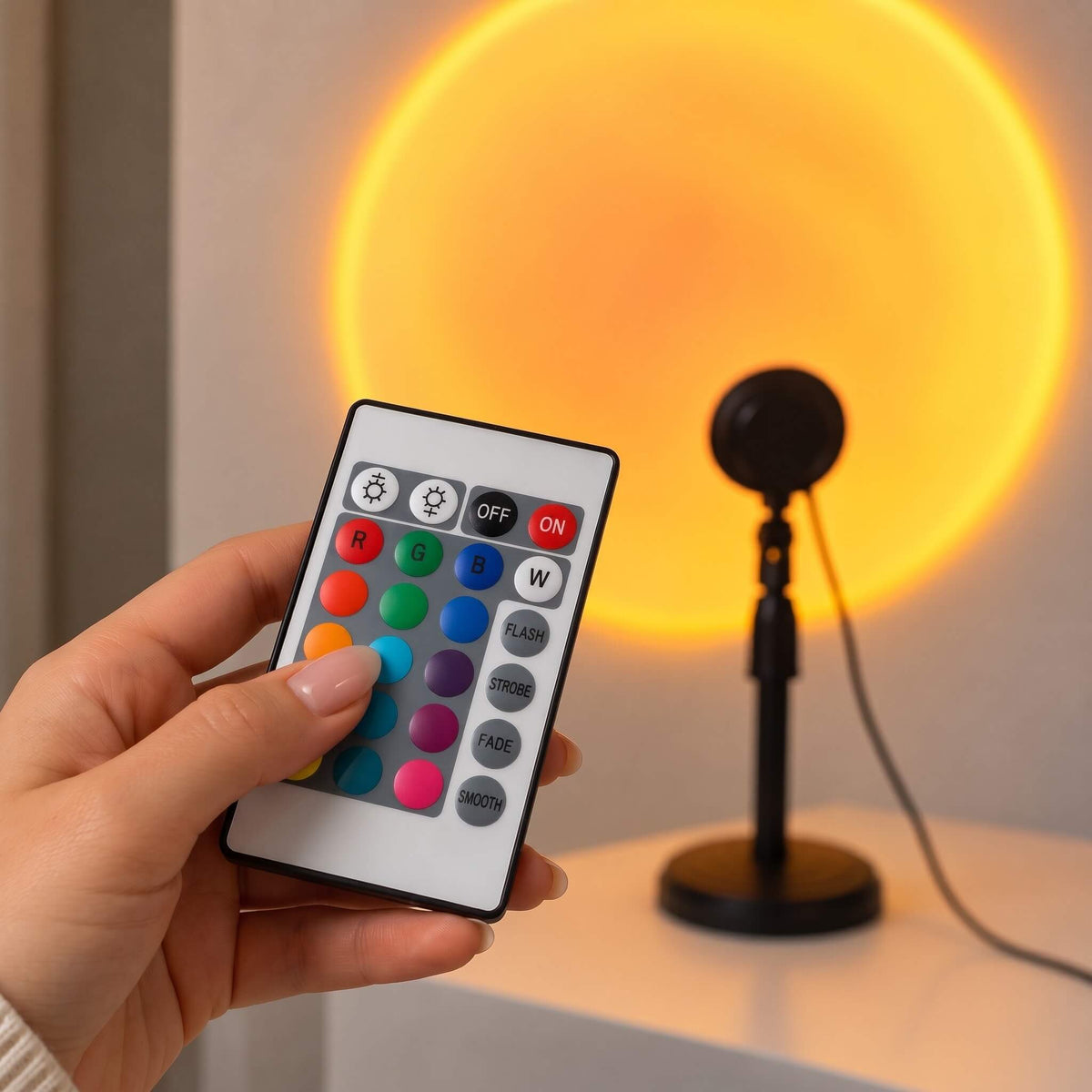 A hand holds a rectangular remote control with colorful buttons in front of a glowing orange ring lamp and a black desk lamp on a white surface.