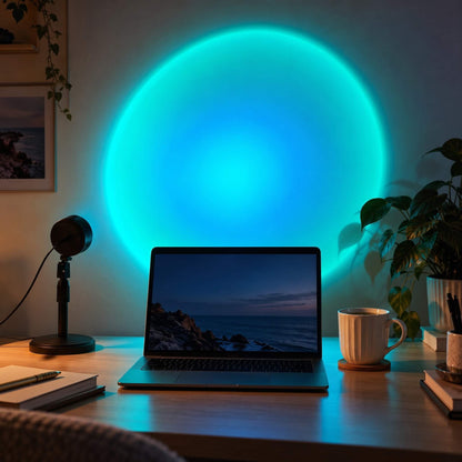 A glowing circular light on a wall behind a desk setup, with a laptop, mug, plant, and small lamp in a dim room.