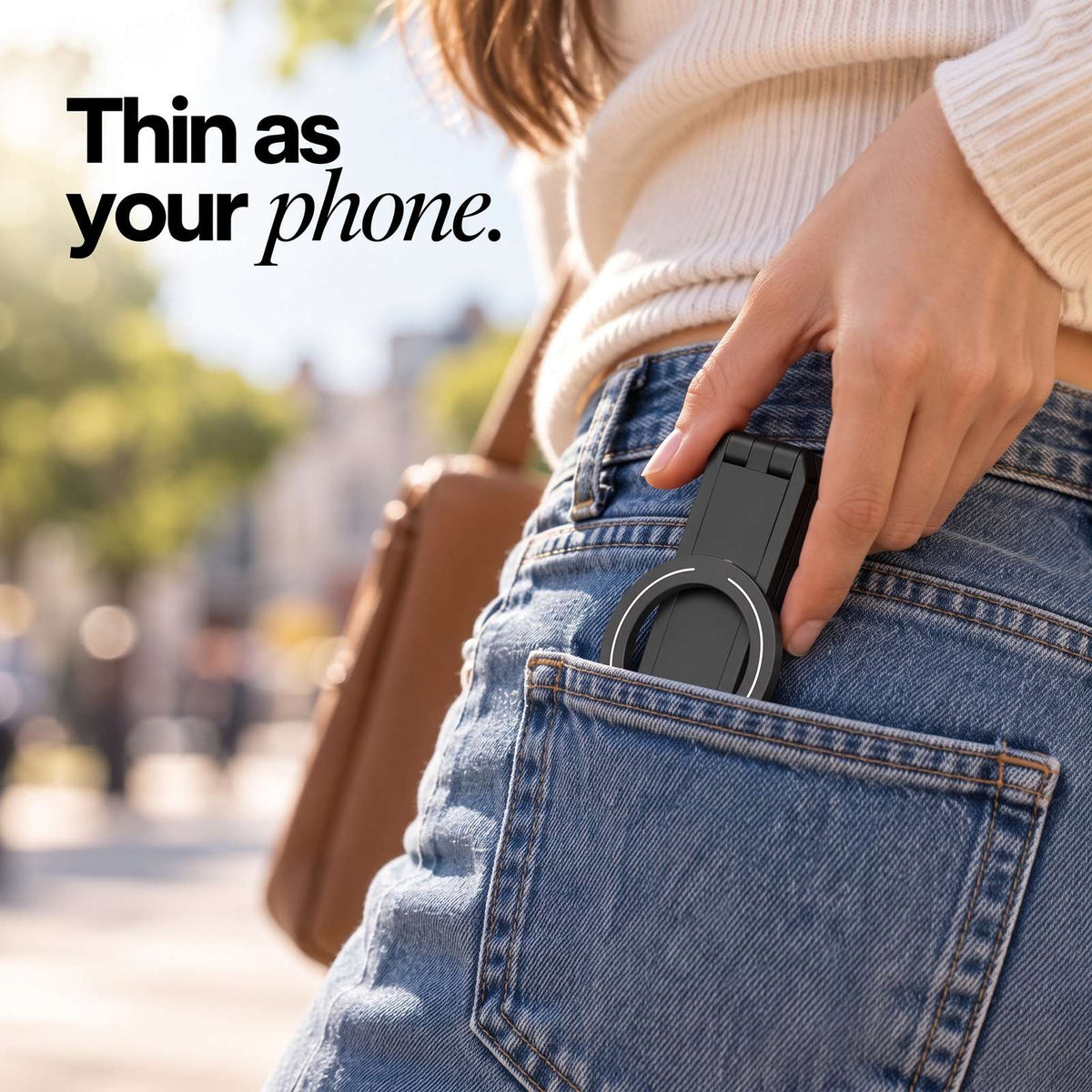 Thin as your phone: the folded Pose sliding into a jeans pocket