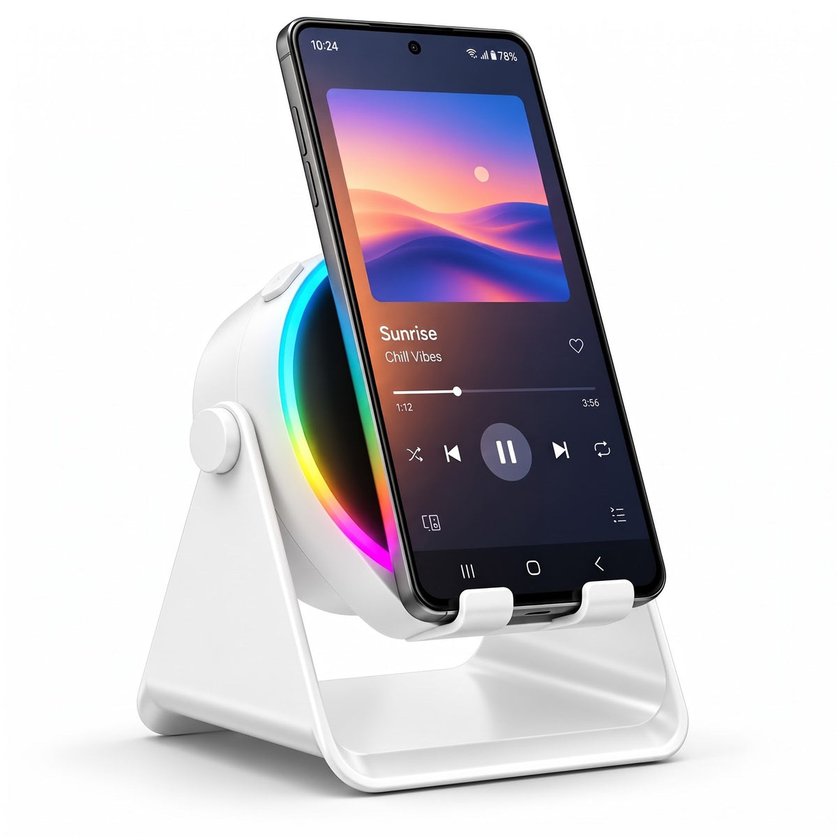 ViSound Tap induction speaker stand in White with a phone standing on it, light ring glowing