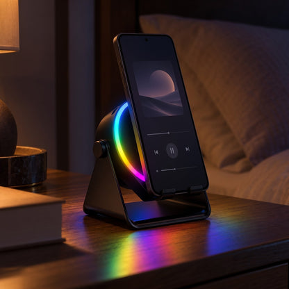 ViSound Tap on a nightstand in a dim bedroom, its color light ring glowing